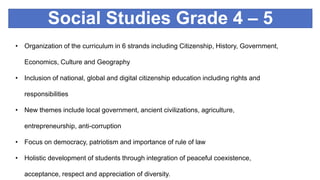 Social Studies Grade 4 – 5
• Organization of the curriculum in 6 strands including Citizenship, History, Government,
Economics, Culture and Geography
• Inclusion of national, global and digital citizenship education including rights and
responsibilities
• New themes include local government, ancient civilizations, agriculture,
entrepreneurship, anti-corruption
• Focus on democracy, patriotism and importance of rule of law
• Holistic development of students through integration of peaceful coexistence,
acceptance, respect and appreciation of diversity.
 