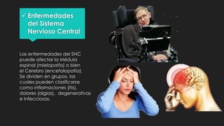  Enfermedades
del Sistema
Nervioso Central
Las enfermedades del SNC
puede afectar la Médula
espinal (mielopatía) o bien
el Cerebro (encefalopatía).
Se dividen en grupos, las
cuales pueden clasificarse
como inflamaciones (itis),
dolores (algias), degenerativas
e infecciosas.
 
