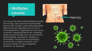 Múltiples
causas:
Las causas de estas enfermedades pueden
ser muchas, aquí unas de las principales:
Trauma (TEC puede causar discapacidad),
Infecciones (se adquieren por un virus o
microorganismo), Degeneración (se asocia
a hernias o desplazamiento de vertebras),
Defectos estructurales (son de nacimiento,
deformidades, problemas cardiacos y
anomalías), Tumores (es el crecimiento
anormal de un tejido corporal) y ACV
(ocurre cuando un vaso sanguíneo
revienta o se obstruye).
Hernia
 