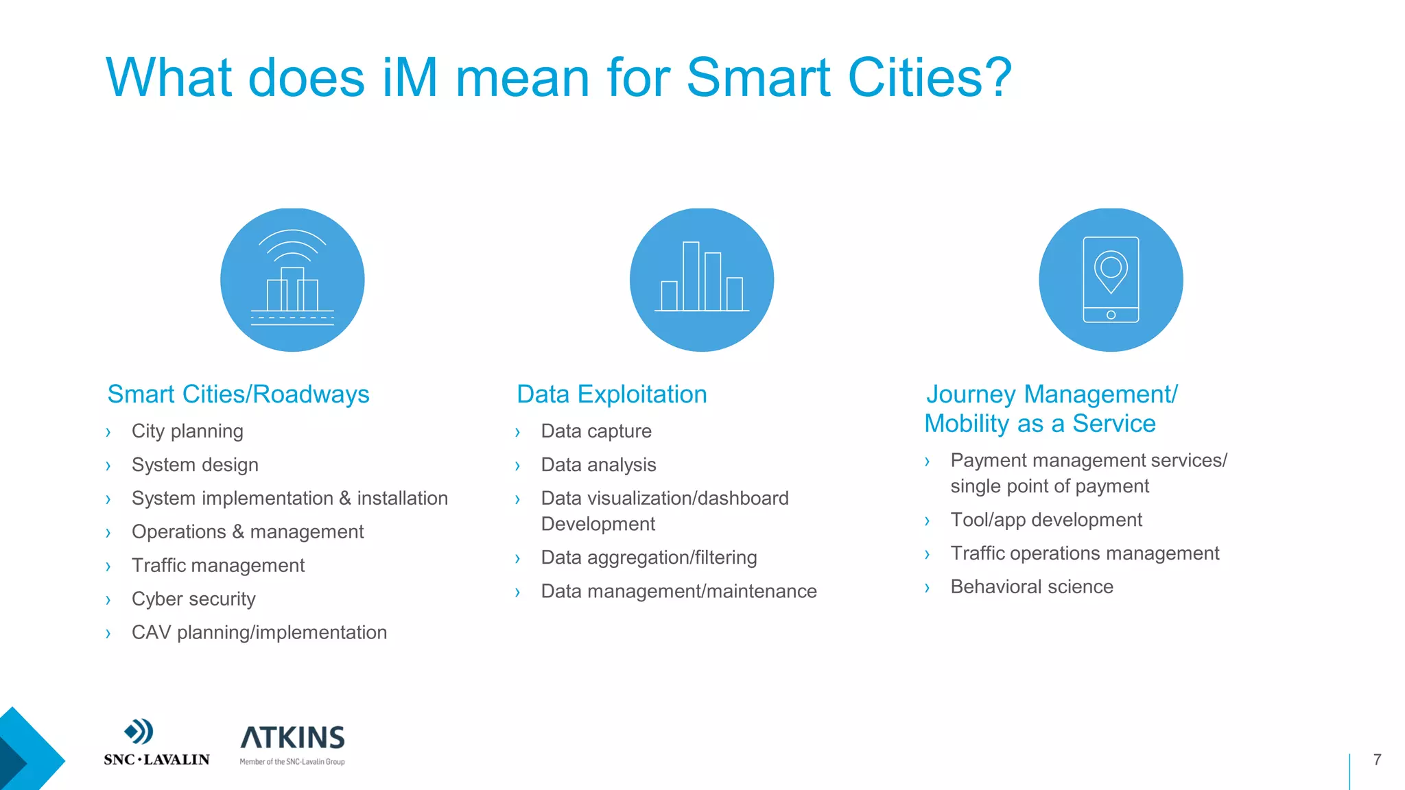 What does iM mean for Smart Cities?
7
›Smart Cities/Roadways
› City planning
› System design
› System implementation & installation
› Operations & management
› Traffic management
› Cyber security
› CAV planning/implementation
›Data Exploitation
› Data capture
› Data analysis
› Data visualization/dashboard
Development
› Data aggregation/filtering
› Data management/maintenance
›Journey Management/
Mobility as a Service
› Payment management services/
single point of payment
› Tool/app development
› Traffic operations management
› Behavioral science
 