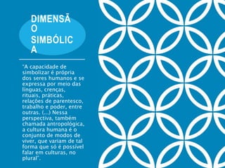 DIMENSÃ
O
SIMBÓLIC
A
“A capacidade de
simbolizar é própria
dos seres humanos e se
expressa por meio das
línguas, crenças,
rituais, práticas,
relações de parentesco,
trabalho e poder, entre
outras. (...) Nessa
perspectiva, também
chamada antropológica,
a cultura humana é o
conjunto de modos de
viver, que variam de tal
forma que só é possível
falar em culturas, no
plural”.
 
