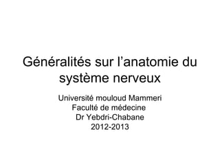 Généralités sur l’anatomie du
     système nerveux
     Université mouloud Mammeri
        Faculté de médecine
         Dr Yebdri-Chabane
              2012-2013
 