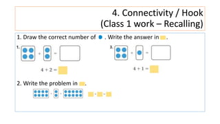 4. Connectivity / Hook
(Class 1 work – Recalling)
1. Draw the correct number of . Write the answer in .
2. Write the problem in .
 