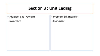 Section 3 : Unit Ending
• Problem Set (Review)
• Summary
• Problem Set (Review)
• Summary
 