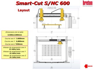 Dimensions de la table   3.500x2.000mm Vitesse de progression axe  X   0÷40m/min Vitesse de progression axe   Y     0÷40m/min Vitesse de progression axe   Z   0÷10m/min Course axe X   3.800mm Course axe Y  2.800mm Course axe Z   550mm Layout 