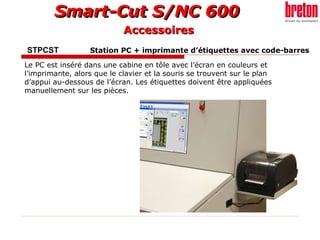 STPCST  Station PC + imprimante d’étiquettes avec code-barres Le PC est inséré dans une cabine en tôle avec l’écran en couleurs et l’imprimante, alors que le clavier et la souris se trouvent sur le plan d’appui au-dessous de l’écran. Les étiquettes doivent être appliquées manuellement sur les pièces. Accessoires 