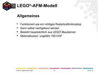 © 2014 - Swiss Nano-Cube
 Funktioniert wie ein richtiges Rasterkraftmikroskop
 Kann selbst nachgebaut werden
 Besteht hauptsächlich aus LEGO®
-Bausteinen
 Materialkosten: ungefähr 750 CHF
14 21.01.15
LEGO®
-AFM-Modell
Allgemeines
 