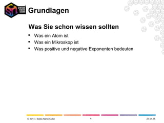© 2014 - Swiss Nano-Cube
Grundlagen
 Was ein Atom ist
 Was ein Mikroskop ist
 Was positive und negative Exponenten bedeuten
4 21.01.15
Was Sie schon wissen sollten
 