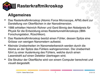 © 2014 - Swiss Nano-Cube
 Das Rasterkraftmikroskop (Atomic Force Microscope, AFM) dient zur
Darstellung von Oberflächen in der Nanodimension.
 1986 erhielten Heinrich Rohrer und Gerd Binnig den Nobelpreis für
Physik für die Entwicklung eines Rastertunnelmikroskops (IBM-
Forschungslabor, Rüschlikon).
 Das Rasterkraftmikroskop besitzt einen Fühler, dessen Spitze eine
Grösse von wenigen Nanometern aufweist.
 Kleinste Unebenheiten im Nanometerbereich werden durch die
Atome an der Spitze des Fühlers wahrgenommen. Die Unebenheit
führt zu einer Auslenkung des Fühlers, welche durch einen
Laserstrahl auf einen Detektor übertragen wird.
 Die Struktur der Oberfläche wird von einem Computer berechnet und
visuell dargestellt.
7 21.01.15
Rasterkraftmikroskop
Allgemeines
 