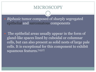 MICROSCOPY
 Biphasic tumor composed of sharply segregated
epithelial and sarcomatous components
 The epithelial areas usually appear in the form of
gland-like spaces lined by cuboidal or columnar
cells, but can also present as solid nests of large pale
cells. It is exceptional for this component to exhibit
squamous features.[1537]
 