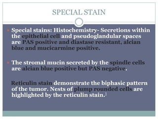 SPECIAL STAIN
 Special stains: Histochemistry- Secretions within
the epithelial cell and pseudoglandular spaces
are PAS positive and diastase resistant, alcian
blue and mucicarmine positive.
 The stromal mucin secreted by the spindle cells
are alcian blue positive but PAS negative.
Reticulin stain demonstrate the biphasic pattern
of the tumor. Nests of plump rounded cells are
highlighted by the reticulin stain.]
 
