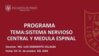 PROGRAMA
TEMA:SISTEMA NERVIOSO
CENTRAL Y MEDULA ESPINAL
Docente: MG. LUIS SARMIENTO VILLALBA
Fecha: 24- 31 de octubre DEL 2020
 