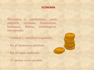 ECONOMÍA



Términos y condiciones, para
adquirir recursos financieros,
humanos, físicos, tecnológicos,
obteniendo:

• Calidad y cantidad requerida,

• En el momento previsto,

• En el lugar indicado

• Al menor costo posible.
                            14
 