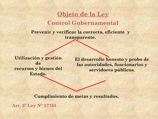 Objeto de la Ley
               Control Gubernamental
        Prevenir y verificar la correcta, eficiente y
                       transparente.



Utilización y gestión       El desarrollo honesto y probo de
         de                  las autoridades, funcionarios y
recursos y bienes del              servidores públicos.
       Estado.




         Cumplimiento de metas y resultados.

Art. 2º Ley N° 27785
                                                           9
 