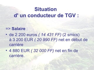 Situation  d' un conducteur de TGV : =>  Salaire  :  de 2 200 euros  ( 14 431 FF)  (2 smics)  à 3 200 EUR  ( 20 990 FF)  net en début de carrière  4 880 EUR  ( 32 000 FF)  net en fin de carrière. 