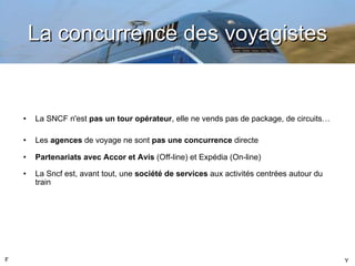 La concurrence des voyagistes La SNCF n'est  pas un tour opérateur , elle ne vends pas de package, de circuits… Les  agences  de voyage ne sont  pas une concurrence  directe Partenariats avec Accor et Avis  (Off-line) et Expédia (On-line) La Sncf est, avant tout, une  société de services  aux activités centrées autour du train F Y 