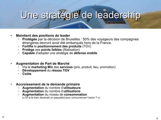 Une stratégie de leadership Maintient des positions de leader   Protégée  par la décision de Bruxelles : 50% des voyageurs des compagnies étrangères devront avoir été embarqués hors de la France. Fortifie  le  positionnement des produits  (TGV) Protège  ses  points faibles  (filialisation) Capable  d'adopter une stratégie de  défense mobile Augmentation de Part de Marché Via le  marketing Mix  des  services  (prix, produit, lieu, promotion) Développement  du  réseau TGV Coûts  Accroissement de la demande primaire Augmentation  du nombre d ’ utilisateurs Augmentation  du nombre d ’ utilisations Augmentation  du niveau de  consommation (« Et si le train devenait un paquebot pour concurrencer l ’avion ? ») Y Y 