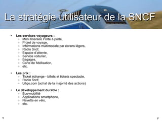 La stratégie utilisateur de la SNCF Les services voyageurs : Mon itinéraire Porte à porte, Projet de voyage, Informations multimodale par écrans légers,  Radio Sncf, Espace d ’attente, Service voiturier, Bagages, Carte de fidélisation, etc. Les prix : Ticket échange - billets et tickets spectacle, Radio Sncf, Liligo.com (achat de la majorité des actions) Le développement durable : Eco-mobilité Applications smartphone, Navette en vélo, etc.  Y F 