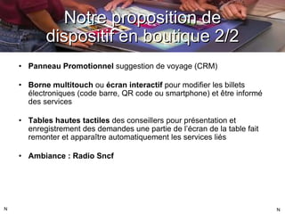 Notre proposition de dispositif en boutique 2/2 Panneau Promotionnel  suggestion de voyage (CRM) Borne multitouch  ou  écran interactif  pour modifier les billets électroniques (code barre, QR code ou smartphone) et être informé des services Tables hautes tactiles  des conseillers pour présentation et enregistrement des demandes une partie de l ’écran de la table fait remonter et apparaître automatiquement les services liés Ambiance : Radio Sncf N N 