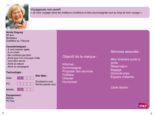 Annie Duguay 60 ans Bordeaux Greffière au Tribunal Caractéristiques : . A une maman agée . A un chien . Ne s ’oriente pas bien . Aime que l ’on s’occupe d’elle . Veut être servie . Aime la nature . Aime la compagnie Technologie : Web :  PC :  Mobile :  Equipement :  Mobile PC fixe Voyageuse non-averti « Je veux voyager dans les meilleurs conditions et être accompagnée tout au long de mon voyage » Site Web :  Doctissimo.com Senior-planet.com Services associés :  Mon itinéraire porte à porte Réservation Bagage Domicile-train Espace d ’attente Carte Senior Objectif de la marque : Informer Accompagner Proposer des services Fidéliser Orienter Humaniser Y Y 