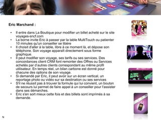 Eric Marchand : Il entre dans La Boutique pour modifier un billet acheté sur le site voyages-sncf.com La borne invite Eric à passer par la table MultiTouch ou patienter 10 minutes qu'un conseiller se libère Il choisit d'aller à la table, libre à ce moment là, et dépose son téléphone. Son voyage apparaît directement sous forme graphique. Il peut modifier son voyage, ses tarifs ou ses services. Des concordances client CRM font remonter des Offres ou Services achetés par d ’autres clients correspondant au même profil utilisateur. En temps réel, un bilan carbone est donné pour chacune des options de son voyage. Si demandé par Eric, il peut avoir sur un écran vertical, un reportage photo ou vidéo sur sa destination ou ses services S'il ne réussit pas à trouver la formule qui lui convient, un bouton de secours lui permet de faire appel à un conseiller pour l'assister dans ses démarches. Eric s'en sort mieux cette fois et des billets sont imprimés à sa demande. N 