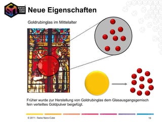 Neue Eigenschaften Goldrubinglas im Mittelalter Früher wurde zur Herstellung von Goldrubinglas dem Glasausgangsgemisch fein verteiltes Goldpulver beigefügt. 