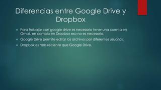 Diferencias entre Google Drive y
Dropbox
 Para trabajar con google drive es necesario tener una cuenta en
Gmail, en cambio en Dropbox eso no es necesario.
 Google Drive permite editar los archivos por diferentes usuarios.
 Dropbox es más reciente que Google Drive.
 