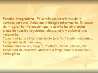 Función integradora. Es la más característica de la
corteza cerebral. Relaciona e integra información. Es capaz
de integrar la información que le aporta las diferentes
áreas de nuestro organismo, almacenarla y elaborar una
respuesta.
Capacidad para estar consciente (alerta)/ sueño, descanso.
Comprensión del lenguaje.
Sensaciones de ira, alegría, tristeza, temor, placer, etc..
Capacidad de memoria. Memoria a largo plazo y memoria a
corto plazo.
 