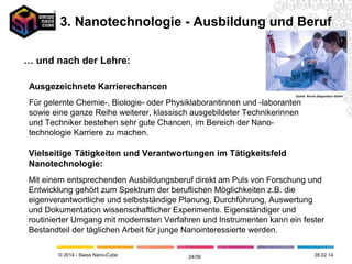 © 2014 - Swiss Nano-Cube
Ausbildung Nanotechnologie: Lehre
Lehre
Quelle: akademie.uniklinik-ulm.de
Quelle: m.cheshirefire.gov.uk
http://www.berufsberatung.ch/dyn/1199.aspx?data=crossreference&id=7112
http://www.swissmntnetwork.ch/content/
http://www.sdbb.ch/dyn/9.asp
http://www.textillehre.ch/
12.05.14
3. Nanotechnologie - Ausbildung und Beruf
24/41
 