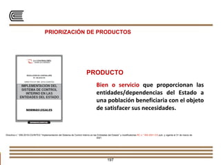 PRIORIZACIÓN DE PRODUCTOS
Directiva n.° 006-2019-CG/INTEG “Implementación del Sistema de Control Interno en las Entidades del Estado” y modificatorias RC n.° 093-2021-CG pub. y vigente el 31 de marzo de
2021
197
Bien o servicio que proporcionan las
entidades/dependencias del Estado a
una población beneficiaria con el objeto
de satisfacer sus necesidades.
PRODUCTO
 