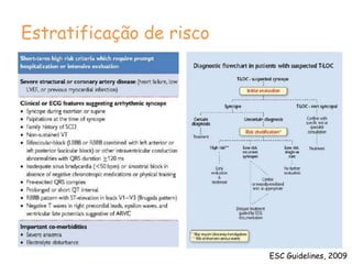 Achados clínicosNem sempre é possível definir a causa da Síncope. Nos dias atuais, cerca de 14 a 18% dos casos permanecem inexplicados, apesar de extensa novas modalidades diagnósticas, como o teste de inclinação e o monitor de eventos, externo ou implantável.As causas mais comuns de Síncope na população geral são neurocardiogênica e ortostática, seguida das arritmiasPredomínio por  faixa etária,crianças e jovens » neurocardiogênica, reações conversivas (psiquiátricas) e arritmias primárias.; adultos de meia-idade » neurocardiogênica, situacionais (relacionadas com tosse, deglutição, defecação etc.); idosos » as síncopes de origem multifatorialneste grupo são frequentes co-morbidades, uso de múltiplos medicamentos, além das alterações fisiológicas cardiovasculares próprias da idade » menor capacidade de compensar as variações nos níveis pressóricosimportância para as causadas por obstruções do débito cardíaco (estenose aórtica, embolia pulmonar etc.), assim como as arritmias decorrentes de doença estrutural do coração.