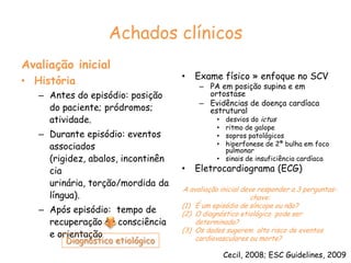Achados clínicosAvaliação inicialExame físico » enfoque no SCVPA em posição supina e em ortostaseEvidências de doença cardíaca estruturaldesvios do ictusritmo de galopesopros patológicoshiperfonese de 2ª bulha em foco pulmonarsinais de insuficiência cardíacaEletrocardiograma (ECG) HistóriaAntes do episódio: posição do paciente; pródromos; atividade.Durante episódio: eventos associados (rigidez, abalos, incontinência urinária, torção/mordida da língua).Após episódio:  tempo de recuperação da consciência e orientaçãoA avaliação inicial deve responder a 3 perguntas-chave:É um episódio de síncope ou não?O diagnóstico etiológico  pode ser determinado?Os dados sugerem  alto risco de eventos cardiovasculares ou morte?Diagnóstico etiológicoCecil, 2008; ESC Guidelines, 2009
