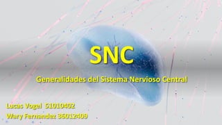 SNC
Generalidades del Sistema Nervioso Central
Lucas Vogel 51010402
Wary Fernandez 36012409
 