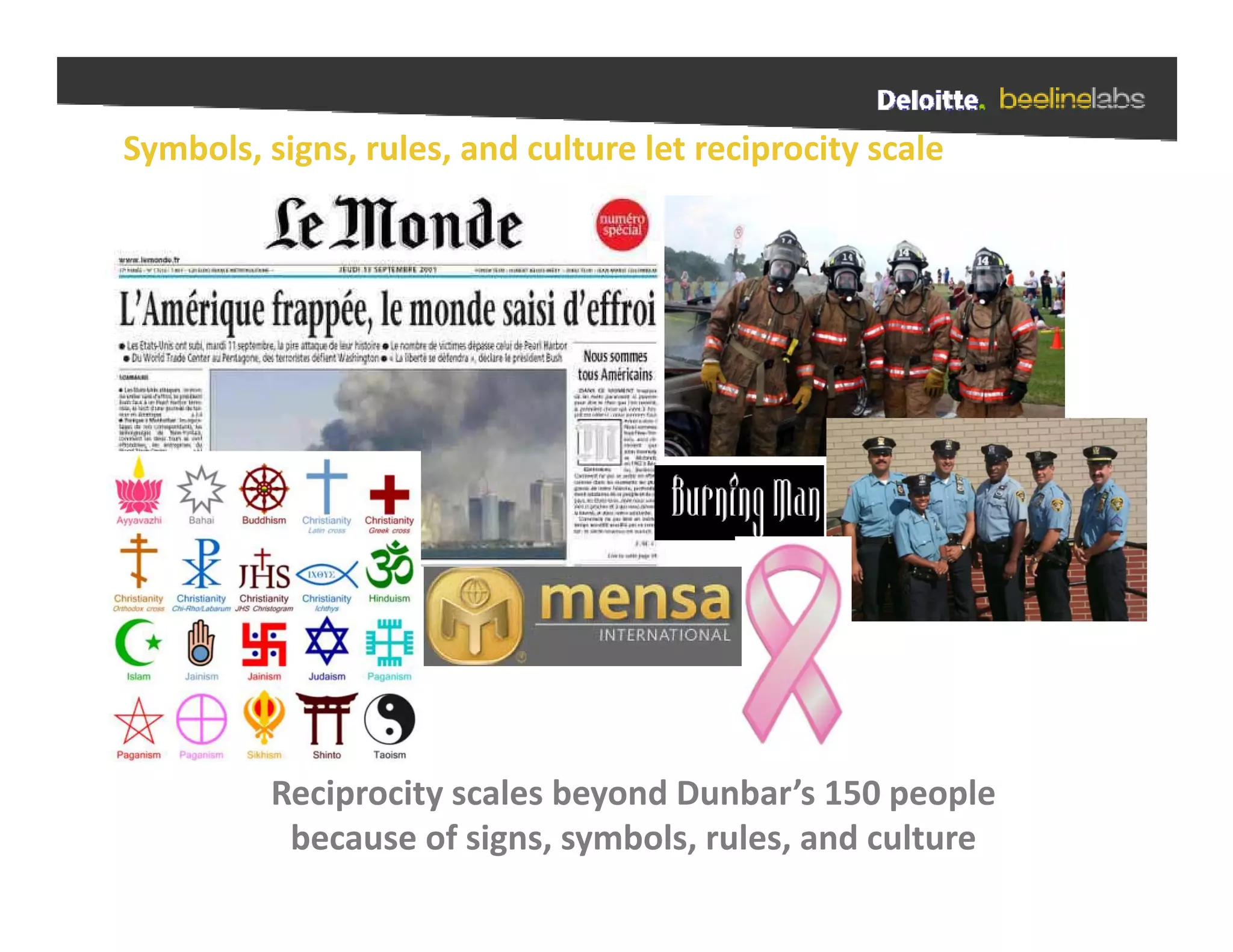 Symbols, signs, rules, and culture let reciprocity scale




          Reciprocity scales beyond Dunbar’s 150 people 
           because of signs, symbols, rules, and culture
 