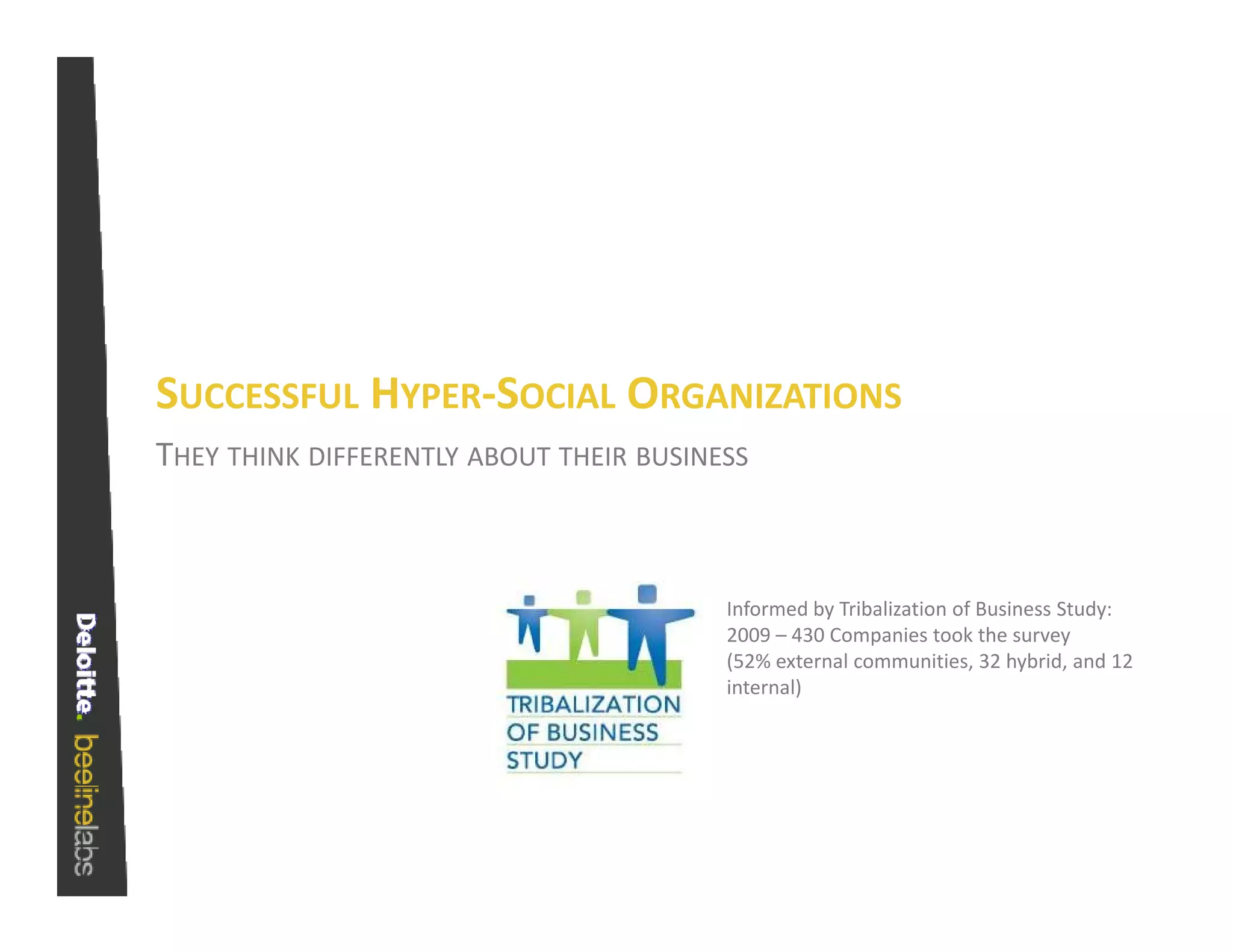 SUCCESSFUL HYPER‐SOCIAL ORGANIZATIONS
THEY THINK DIFFERENTLY ABOUT THEIR BUSINESS



                                         Informed by Tribalization of Business Study:
                                         2009 – 430 Companies took the survey 
                                         (52% external communities, 32 hybrid, and 12 
                                         (52% t      l           iti 32 h b id d 12
                                         internal)
 