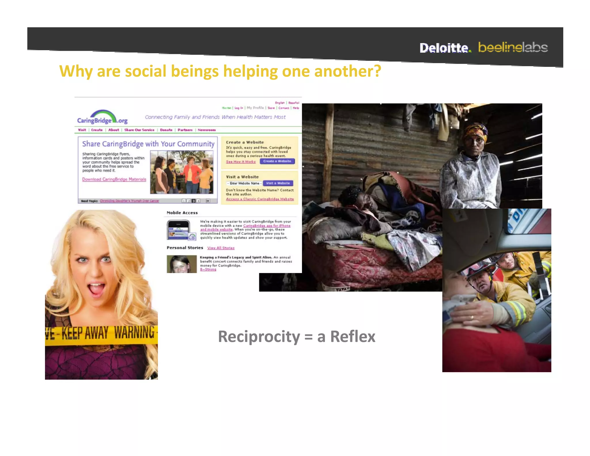 Why are social beings helping one another?




                    Reciprocity = a Reflex
 