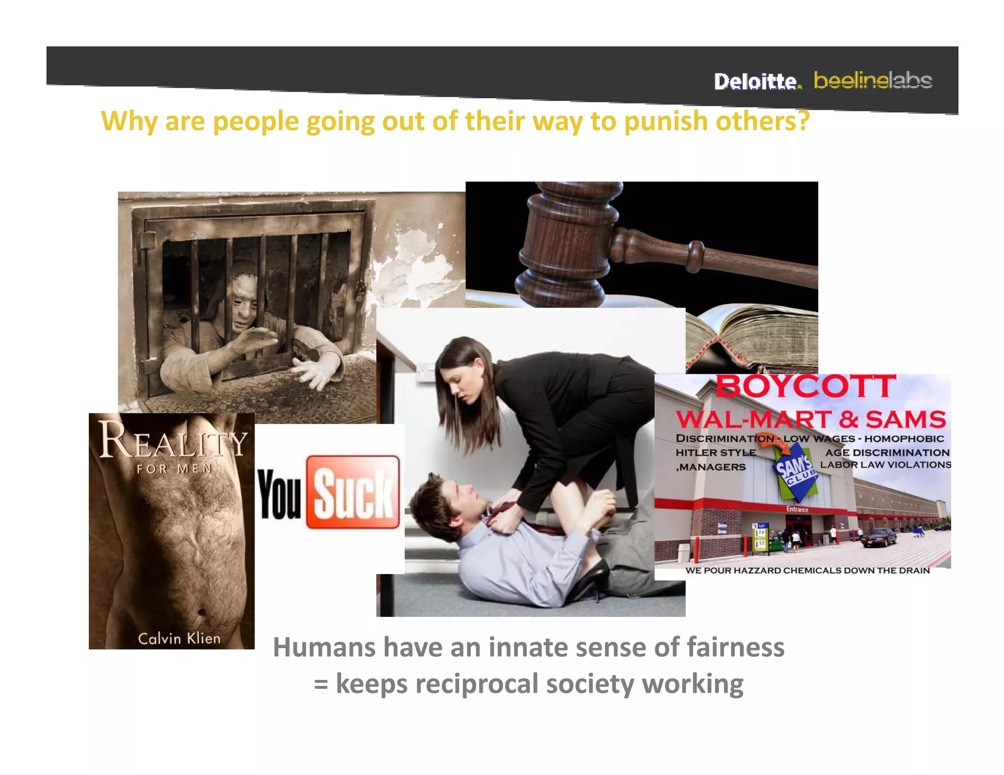 Why are people going out of their way to punish others?




             Humans have an innate sense of fairness 
               = keeps reciprocal society working
 