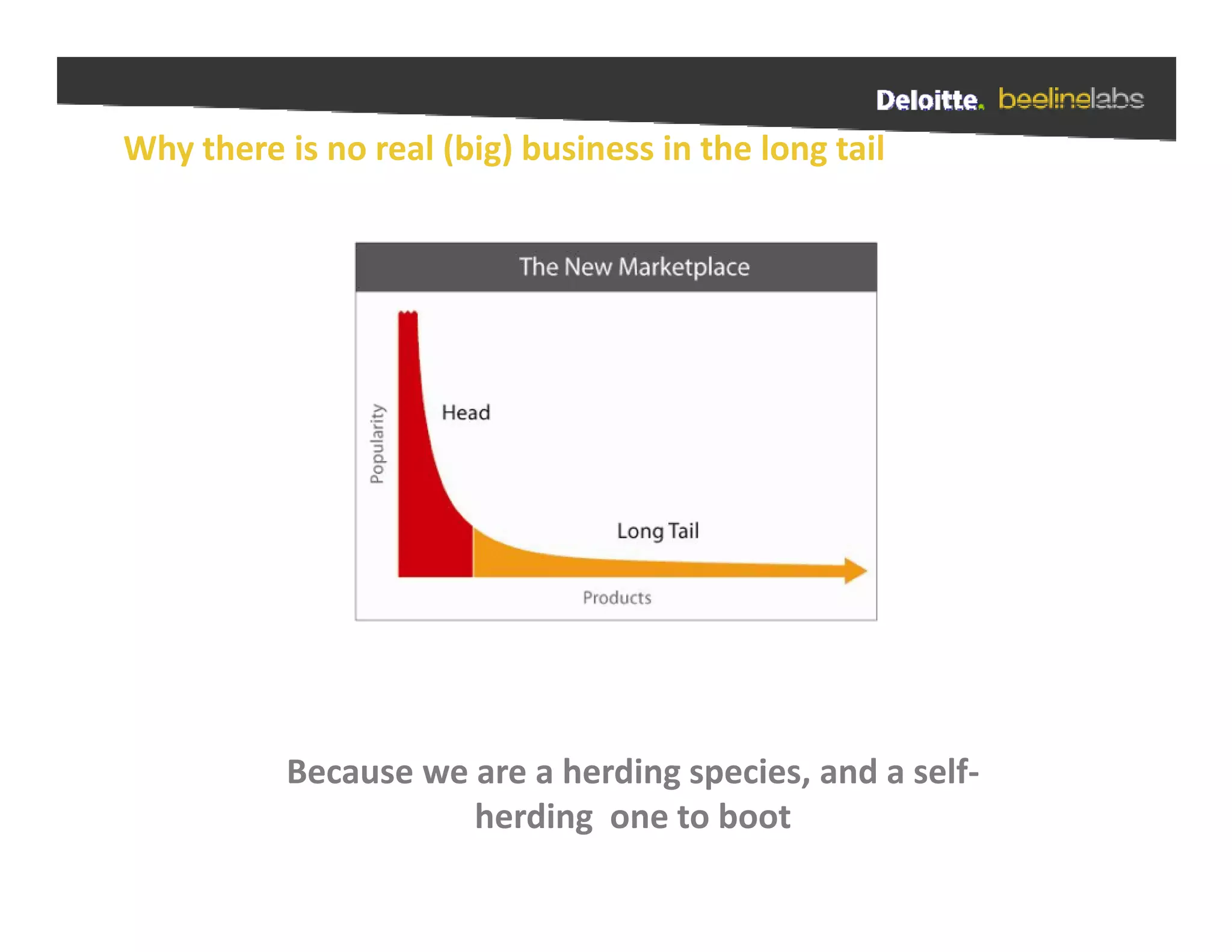 Why there is no real (big) business in the long tail




           Because we are a herding species, and a self‐
           Because we are a herding species and a self‐
                      herding  one to boot
 