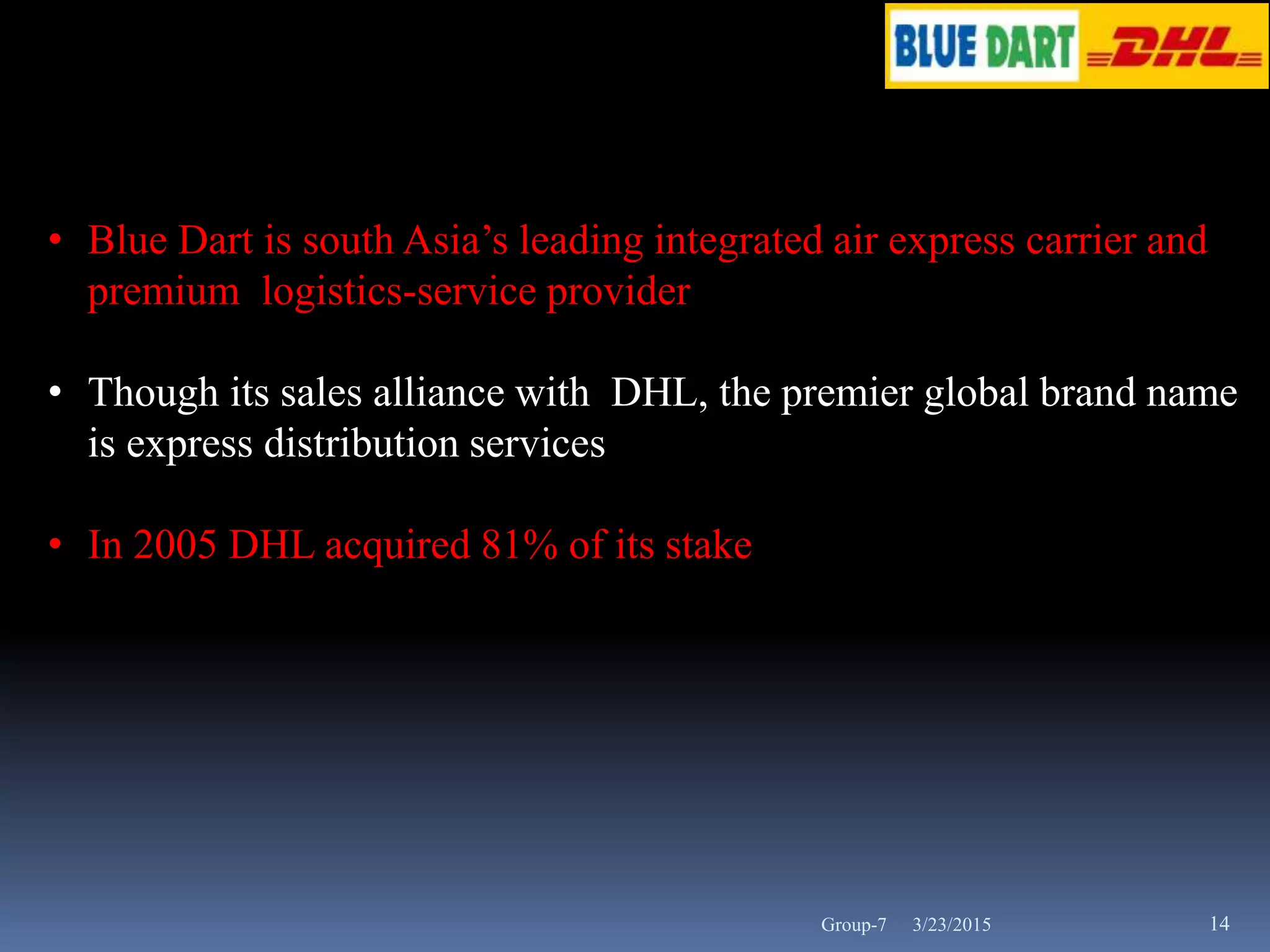 • Blue Dart is south Asia’s leading integrated air express carrier and
premium logistics-service provider
• Though its sales alliance with DHL, the premier global brand name
is express distribution services
• In 2005 DHL acquired 81% of its stake
3/23/2015 14Group-7
 