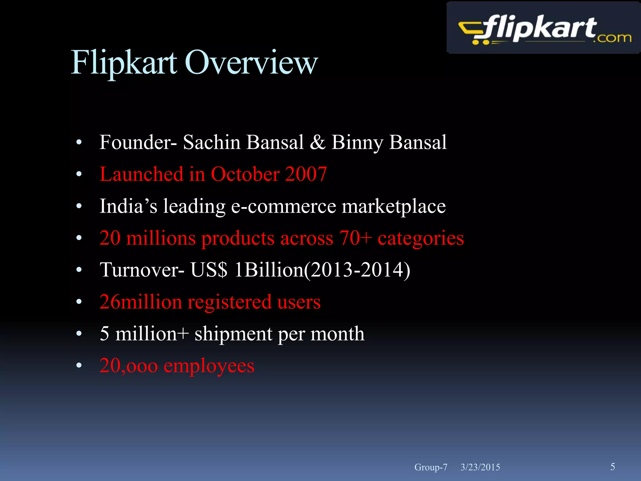 3/23/2015 5
• Founder- Sachin Bansal & Binny Bansal
• Launched in October 2007
• India’s leading e-commerce marketplace
• 20 millions products across 70+ categories
• Turnover- US$ 1Billion(2013-2014)
• 26million registered users
• 5 million+ shipment per month
• 20,ooo employees
Flipkart Overview
Group-7
 