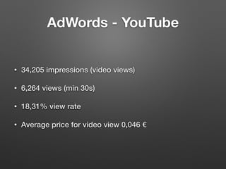 AdWords - YouTube
• 34,205 impressions (video views)
• 6,264 views (min 30s)
• 18,31% view rate
• Average price for video ...