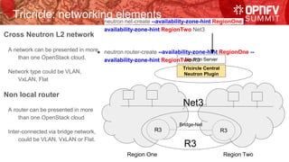 Tricricle: networking elements
R3 R3
Region One Region Two
● neutron net-create --availability-zone-hint RegionOne --
availability-zone-hint RegionTwo Net3
● neutron router-create --availability-zone-hint RegionOne --
availability-zone-hint RegionTwo R3Neutron Server
Tricircle Central
Neutron Plugin
Net3
Bridge-Net
R3
Cross Neutron L2 network
A network can be presented in more
than one OpenStack cloud.
Network type could be VLAN,
VxLAN, Flat
Non local router
A router can be presented in more
than one OpenStack cloud
Inter-connected via bridge network,
could be VLAN, VxLAN or Flat.
 