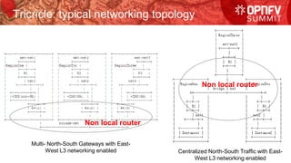 Tricricle: typical networking topology
Centralized North-South Traffic with East-
West L3 networking enabled
Non local router
Multi- North-South Gateways with East-
West L3 networking enabled
Non local router
 