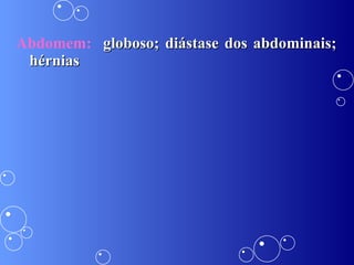 Abdomem:   globoso; diástase dos abdominais; hérnias 