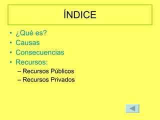 ÍNDICE ¿Qué es? Causas Consecuencias Recursos: Recursos Públicos Recursos Privados 