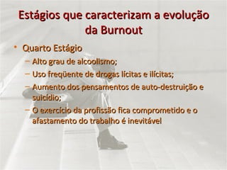 Estágios que caracterizam a evolução da Burnout Quarto Estágio Alto grau de alcoolismo; Uso freqüente de drogas lícitas e ilícitas; Aumento dos pensamentos de auto-destruição e suicídio; O exercício da profissão fica comprometido e o afastamento do trabalho é inevitável 
