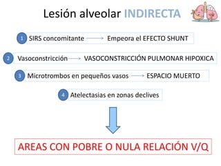 Lesión alveolar INDIRECTA
AREAS CON POBRE O NULA RELACIÓN V/Q
Atelectasias en zonas declives
4
SIRS concomitante Empeora el EFECTO SHUNT
1
Vasoconstricción VASOCONSTRICCIÓN PULMONAR HIPOXICA
2
Microtrombos en pequeños vasos ESPACIO MUERTO
3
 