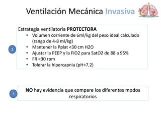 Estrategia ventilatoria PROTECTORA
• Volumen corriente de 6ml/kg del peso ideal calculado
(rango de 4-8 ml/kg)
• Mantener la Pplat <30 cm H2O
• Ajustar la PEEP y la FiO2 para SatO2 de 88 a 95%
• FR <30 rpm
• Tolerar la hipercapnia (pH>7,2)
2
NO hay evidencia que compare los diferentes modos
respiratorios
3
Ventilación Mecánica Invasiva
 