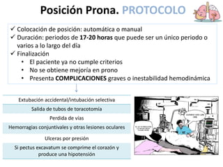 Posición Prona. PROTOCOLO
 Colocación de posición: automática o manual
 Duración: periodos de 17-20 horas que puede ser un único periodo o
varios a lo largo del día
 Finalización
• El paciente ya no cumple criterios
• No se obtiene mejoría en prono
• Presenta COMPLICACIONES graves o inestabilidad hemodinámica
Extubación accidental/intubación selectiva
Salida de tubos de toracotomía
Perdida de vías
Hemorragias conjuntivales y otras lesiones oculares
Ulceras por presión
Si pectus excavatum se comprime el corazón y
produce una hipotensión
 