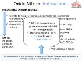 Oxido Nítrico: Indicaciones
INDICACIONES EN FICHA TECNICA:
 Neonato de mas de 34 semanas de gestación con insuficiencia
respiratoria hipóxica asociada a evidencia clínica o ecocardiografía de
hipertensión pulmonar
 Hipertensión pulmonar perioperatoria y postoperatoria en cirugía
cardiaca
NO hay
indicación
aprobada
para SDRA
 Paciente con SDRA
sometido a VMI
protectora
 Hipoxemia refractaria
severa. PaO2/FiO2 <
100
 Ventilación en prono
Uso compasivo
en SDRA
Inhaled nitric oxide in adult patients with acute respiratory distress syndrome. Monsalve-Naharro JA,
Domingo-Chiva E, et al. Farm Hosp. 2017; 41 (2):292-312
 60 % de los pacientes
presentan mejoría inicial
en la oxigenación
 Efecto transitorio (48 h)
 No beneficios en
supervivencia
 